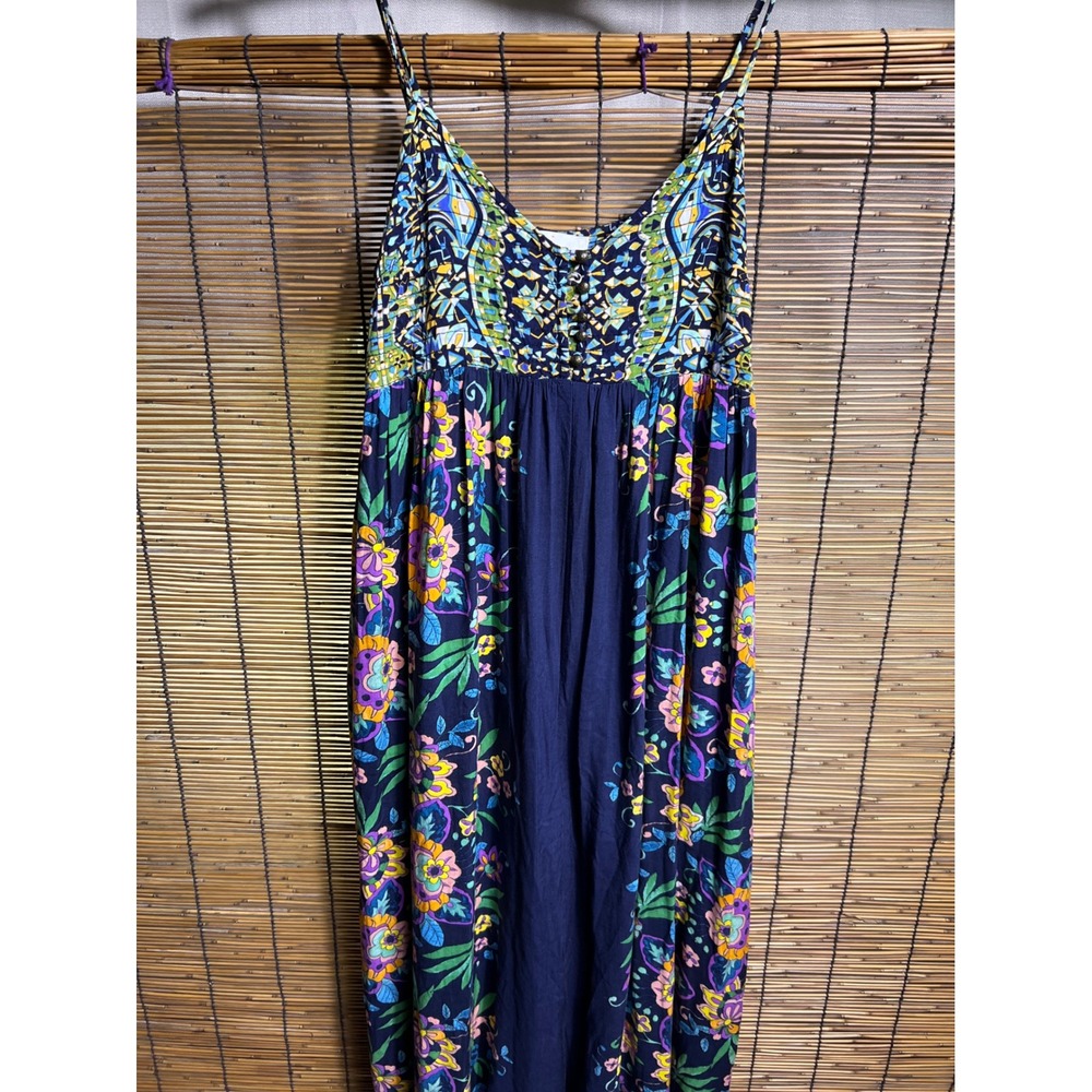 Anthropologie Floral Wide Leg Jumpsuit Navy Blue Smocked Pockets XS